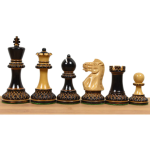 Combo of 3.9″ Parker Staunton Carved Chess Set – Pieces in Lacquered Burnt Boxwood with Board and Box