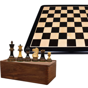 Combo of 3.9″ Parker Staunton Carved Chess Set – Pieces in Lacquered Burnt Boxwood with Board and Box