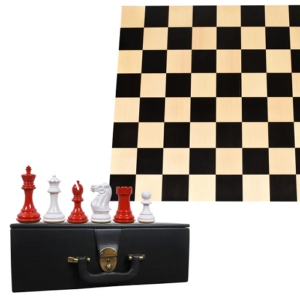 Combo of 4.1″ Pro Staunton Chess Set – Pieces in Red & White Painted Boxwood with Board and Box