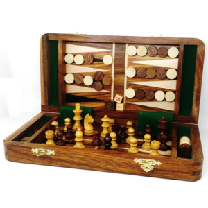 2 in 1 Magnetic Travel Chess & Backgammon set in Golden Rosewood 10 inches